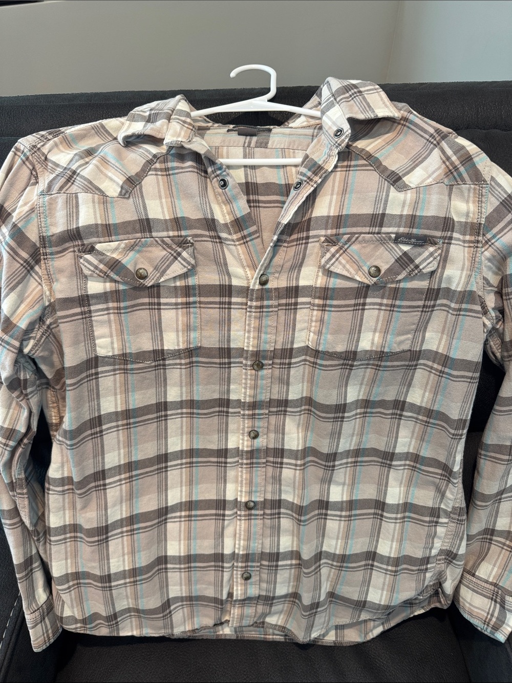 Eddie Bauer Men's Plaid Button-Down Shirt - Brown, Cream & Light Blue